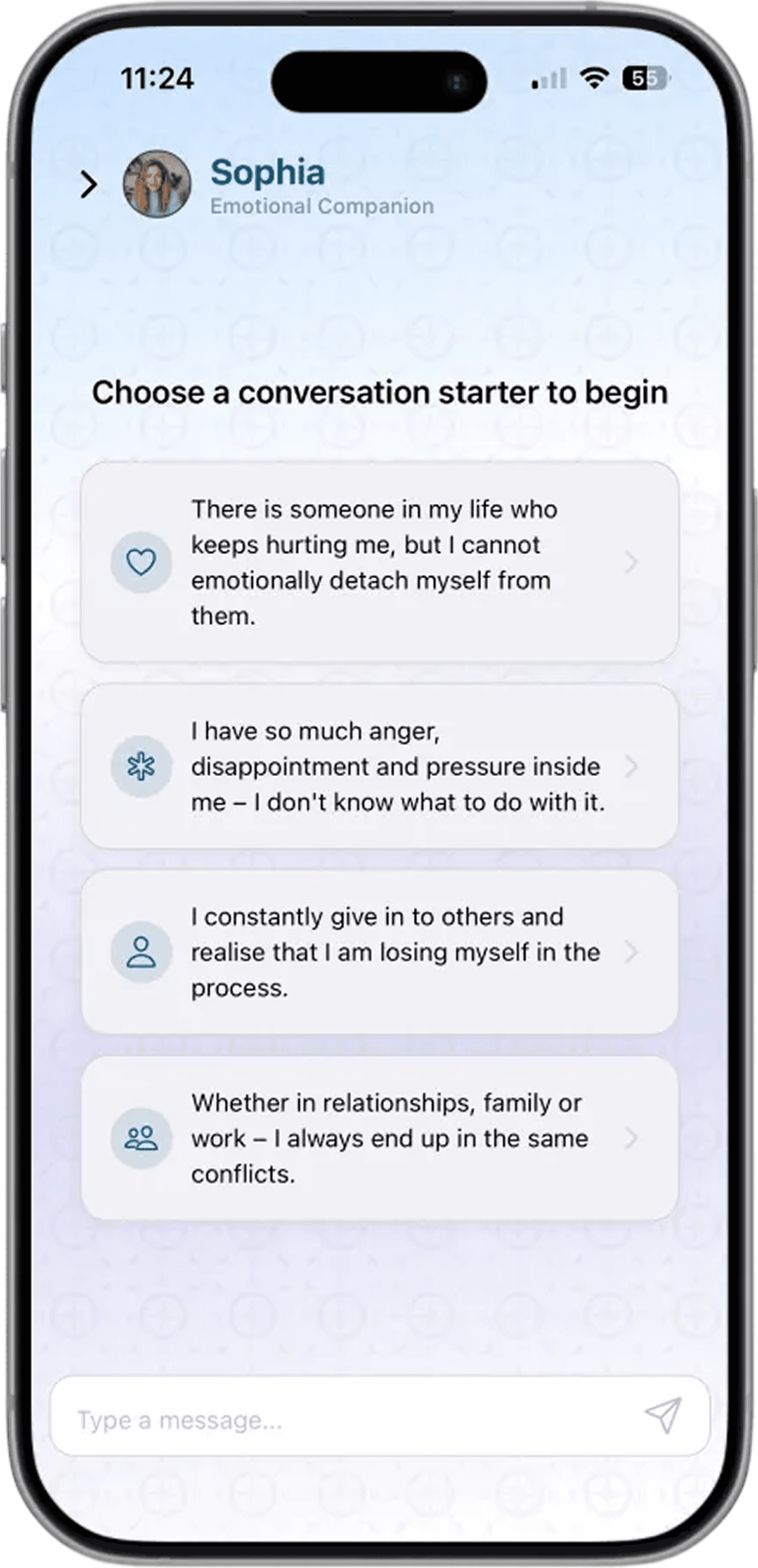 Mobile app interface showing emotional support features